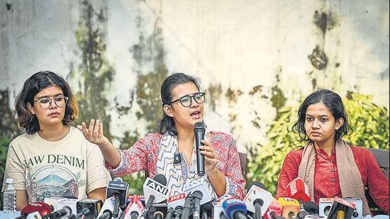 Neha Bora during the press conference on Saturday. (Sanchit Khanna/HT Photo)