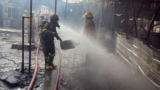 Firefighters carried out dousing operations after a major fire broke out at temporary food shops in Raipur village, Noida, on Saturday. (PTI)
