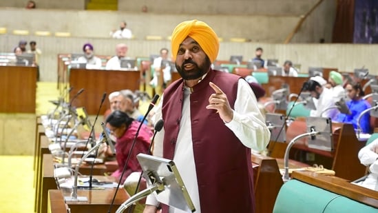 Punjab CM Bhagwant Mann addresses the House on the second day of the Punjab assembly session, in Chandigarh on Friday.