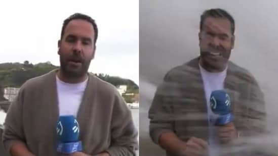 Spanish reporter covering rough seas knocked off balance by giant wave on live TV
