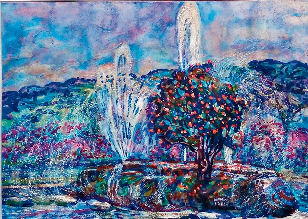 Fountains, Kanteerva Stadium (1980) is a riot of colour, movement and fluidity, with arcs of white water against a sky and wall of foliage in purples, pinks and blues. (Courtesy Rumale Art House) Fountains, Kanteerva Stadium (1980) is a riot of colour, movement and fluidity, with arcs of white water against a sky and wall of foliage in purples, pinks and blues. (Courtesy Rumale Art House)