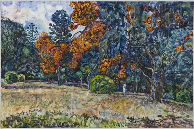 Palash in Bloom, Lalbagh (1978). In canvases he painted in the ’60s and ’70s, we see a Bangalore all but engulfed in lush trees and explosions of flowers. Chennabasaviah painted to the end. He slipped into a coma and died following a road accident in Lalbagh, in 1988. He had gone to the park to study a tree in bloom. (Rumale Art House) Palash in Bloom, Lalbagh (1978). In canvases he painted in the ’60s and ’70s, we see a Bangalore all but engulfed in lush trees and explosions of flowers. Chennabasaviah painted to the end. He slipped into a coma and died following a road accident in Lalbagh, in 1988. He had gone to the park to study a tree in bloom. (Rumale Art House)
