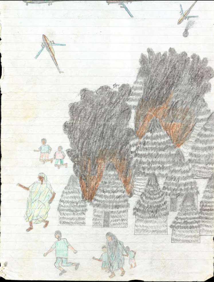 Children in Sudan drew such detailed images of the attacks on their homes, that depictions of militia uniforms and aircraft were used as evidence at the International Criminal Court. (Courtesy Waging PeaceWiener Holocaust Library Collections / IWM)
