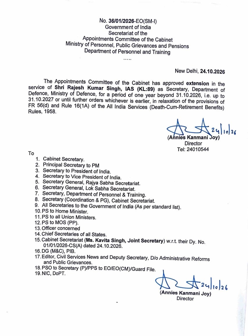 Defence secretary Rajesh Kumar Singh gets one-year extension