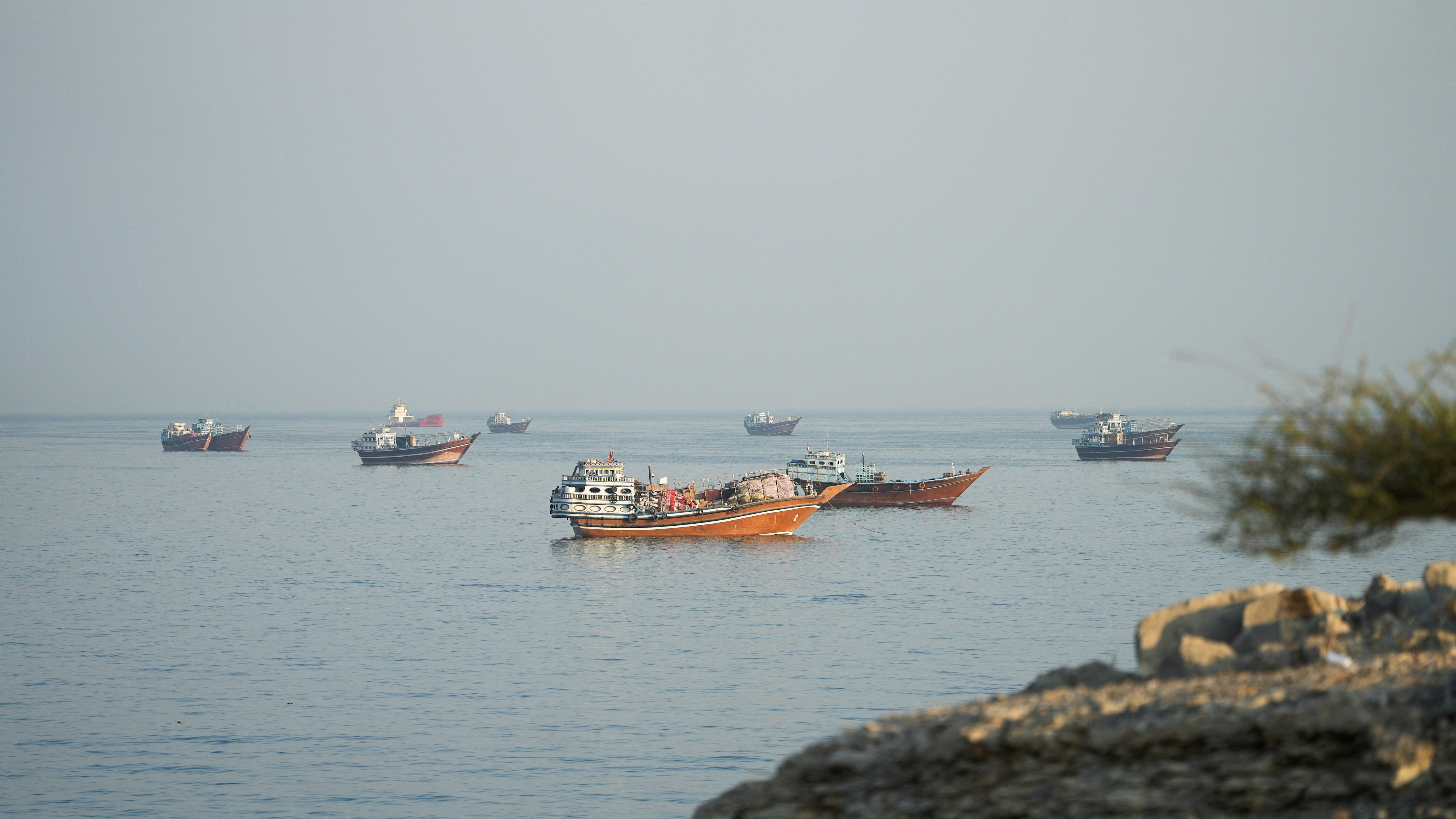 Vessels at the Strait of Hormuz, as seen from Musandam, Oman. (Reuters)