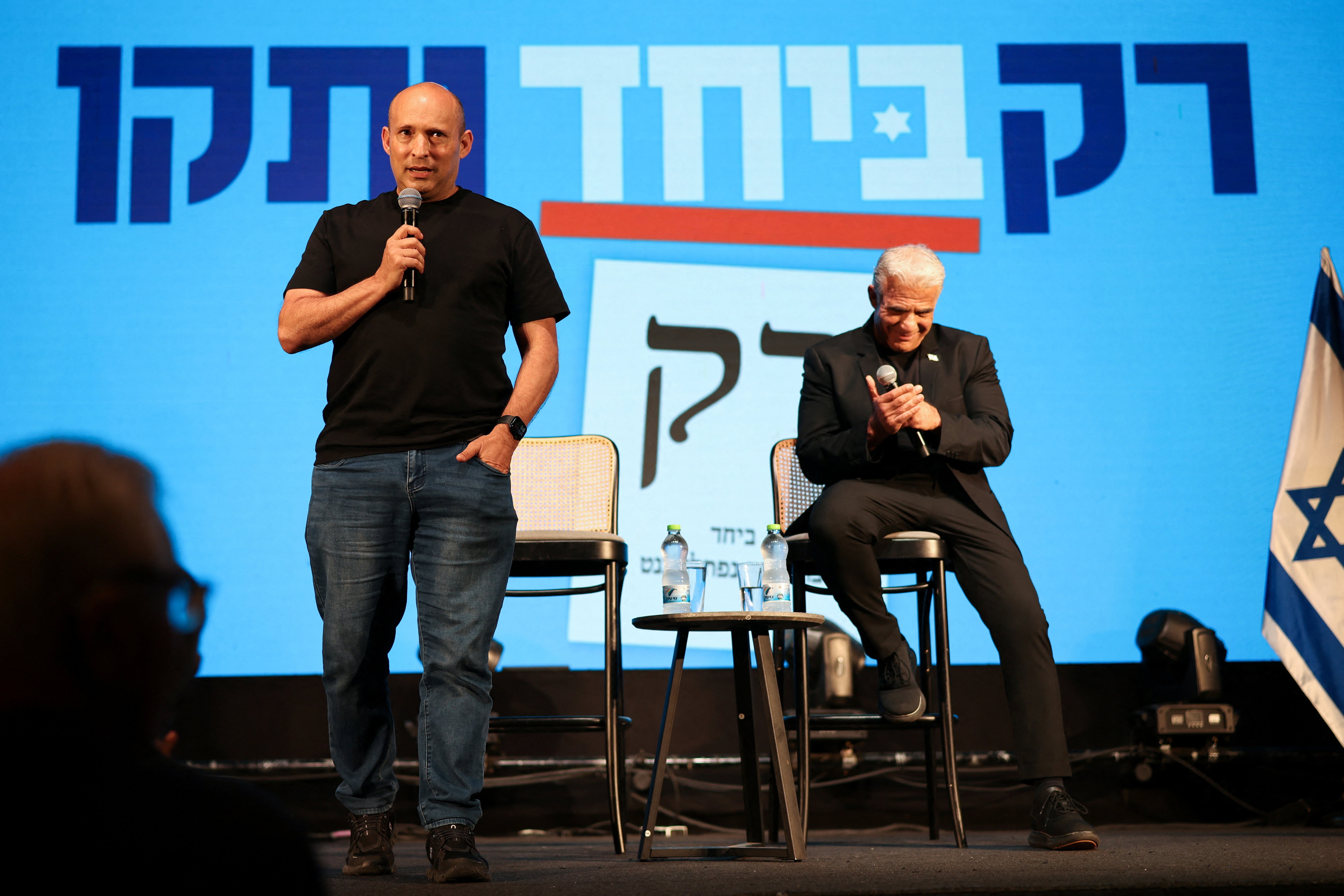 Former prime ministers Naftali Bennett and Yair Lapid are contesting the polls under a joint name, ‘Together’ (B’Yachad). (Reuters)