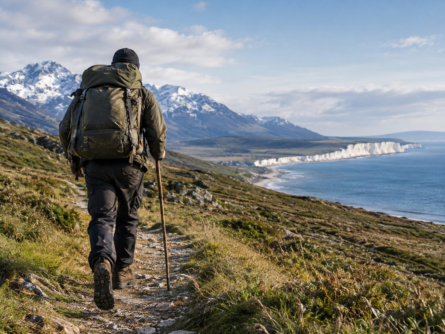 A lone trekker follows a rugged coastal trail with a heavy backpack (AI-generate/ ChatGPT) A lone trekker follows a rugged coastal trail with a heavy backpack (AI-generate/ ChatGPT)