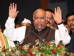 Congress president Mallikarjun Kharge addresses party leaders during the state-level celebration of the 139th birth anniversary of Bihar's first Chief Minister Shri Krishna Singh, at Bapu Sabhagar, in Patna.