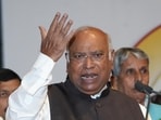 Congress president Mallikarjun Kharge addresses party leaders during the state-level celebration of the 139th birth anniversary of Bihar’s first Chief Minister Krishna Singh, at Bapu Sabhagar, in Patna on Sunday.
(Pappi Sharma)