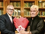 Jammu and Kashmir chief minister Omar Abdullah with lieutenant governor Manoj Sinha in Srinagar on Saturday. (@OfficeOfLGJandK X)