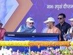 Prime Minister Narendra Modi, governor Anandiben Patel, Uttar Pradesh CM Yogi Adityanath and state BJP president Pankaj Chaudhary during the Indian Air Force Day Aerial Display 2026 in Varanasi on Sunday. 