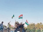 Students holding a protest on Jamia campus on Saturday. Students holding a protest on Jamia campus on Saturday.