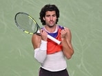 Spain's Carlos Alcaraz reacts during his men's singles match against Belgium's Zizou Bergs at the Shanghai Masters tennis tournament in Shanghai on October 12