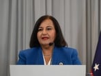 Opposition delegation head Dinorah Figuera delivers a joint statement following the signing of an agreement at the closing of the third round of political dialogue talks at the Melia Hotel in Caracas on October 21, 2026. Venezuela's interim government and the opposition on Wednesday reaffirmed their commitment to holding presidential elections in the country under Washington-backed talks, the opposition said after a third round of negotiations. (Photo by Federico PARRA / AFP)