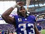 Aaron Jones Sr. of the Minnesota Vikings celebrates after the game against the Miami Dolphins at U.S. Bank Stadium on October 4.(Getty Images via AFP)