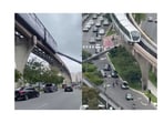 The train struck the fallen crane, with the impact sending parts of the wreckage over the edge of the elevated track.