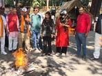 Members of the Pahadi Army burnt an effigy of Samajwadi Party president Akhilesh Yadav in Haldwani, on Sunday.
