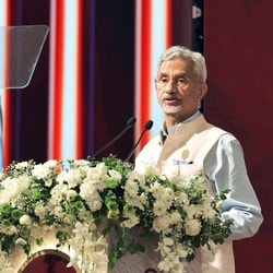 External Affairs Minister S. Jaishankar addresses the Chinmaya Amrit Mahotsav Global Sammelan celebrating 75th anniversary of Chinmaya mission at Bharat Mandapam, in New Delhi on Sunday.