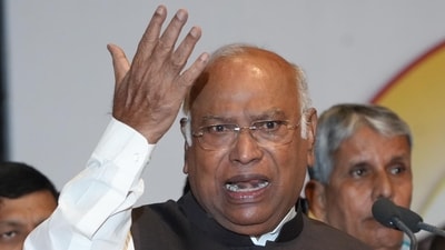 Congress president Mallikarjun Kharge addresses party leaders during the state-level celebration of the 139th birth anniversary of Bihar’s first Chief Minister Krishna Singh, at Bapu Sabhagar, in Patna on Sunday. (Pappi Sharma)