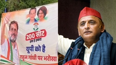The poster featured pictures of Leader of the Opposition in the Lok Sabha, Rahul Gandhi, and Congress leaders Sonia Gandhi and Priyanka Gandhi Vadra. (Photos Credit: ANI)