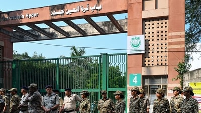Heavy security is deployed as students of Jamia Millia Islamia stage a protest demanding entry to the campus amid an ongoing strike on Sunday. Heavy security is deployed as students of Jamia Millia Islamia stage a protest demanding entry to the campus amid an ongoing strike on Sunday.
