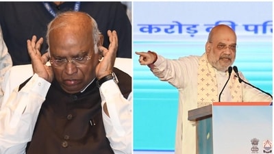 Amit Shah attacked Congress after Mallikarjun Kharge’s ‘Modi ka baap’ remark. (Hindustan Times)
