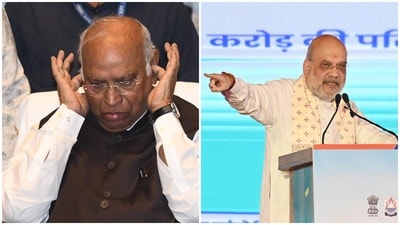 কংগ্রেস সভাপতি মল্লিকার্জুন খাড়গে ও কেন্দ্রীয় স্বরাষ্ট্রমন্ত্রী অমিত শাহ (Hindustan Times)
