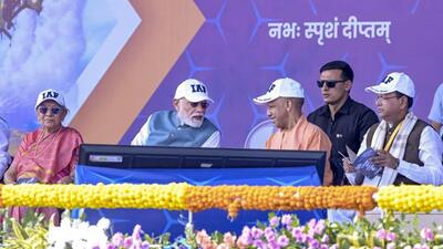 Prime Minister Narendra Modi, governor Anandiben Patel, Uttar Pradesh CM Yogi Adityanath and state BJP president Pankaj Chaudhary during the Indian Air Force Day Aerial Display 2026 in Varanasi on Sunday. (PTI PHOTO) Prime Minister Narendra Modi, governor Anandiben Patel, Uttar Pradesh CM Yogi Adityanath and state BJP president Pankaj Chaudhary during the Indian Air Force Day Aerial Display 2026 in Varanasi on Sunday. (PTI PHOTO)