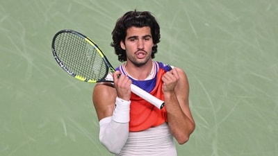 Spain's Carlos Alcaraz reacts during his men's singles match against Belgium's Zizou Bergs at the Shanghai Masters tennis tournament in Shanghai on October 12 (AFP) Spain's Carlos Alcaraz reacts during his men's singles match against Belgium's Zizou Bergs at the Shanghai Masters tennis tournament in Shanghai on October 12 (AFP)