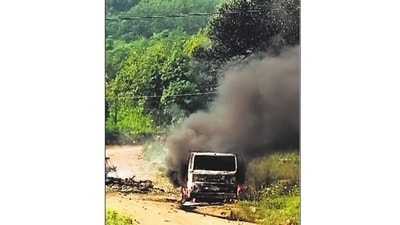 The vehicle caught fire as workers prepared to transfer the fuel to another vehicle. (HT PRINT) The vehicle caught fire as workers prepared to transfer the fuel to another vehicle. (HT PRINT)