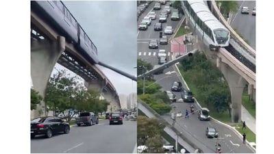 The train struck the fallen crane, with the impact sending parts of the wreckage over the edge of the elevated track. (X/@TwilightDewy)