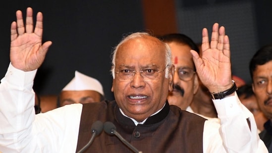 Congress president Mallikarjun Kharge addresses party leaders during the state-level celebration of the 139th birth anniversary of Bihar's first Chief Minister Shri Krishna Singh, at Bapu Sabhagar, in Patna.