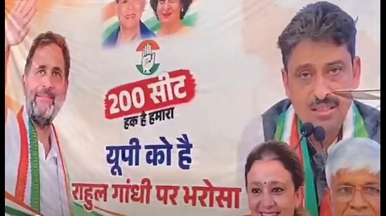 A poster carrying pictures of Congress leaders with ‘200 seats are our right’ written on it at a place in Lucknow. (Sourced)