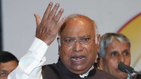 Congress president Mallikarjun Kharge addresses party leaders during the state-level celebration of the 139th birth anniversary of Bihar’s first Chief Minister Krishna Singh, at Bapu Sabhagar, in Patna on Sunday. (Pappi Sharma)