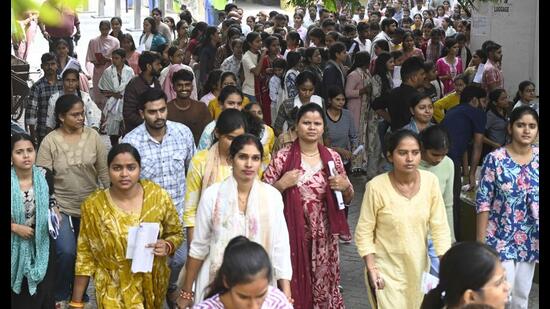 Candidates coming out of an exam centre in Lucknow on October 25. (HT photo)