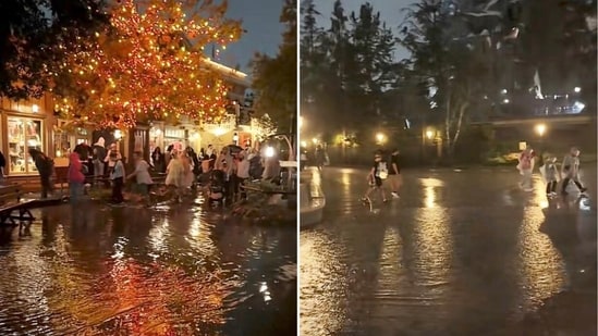 A powerful storm swept through Anaheim, flooding walkways at Disneyland Resort, temporarily shutting outdoor attractions.(Tiktok/@dznylndrz)