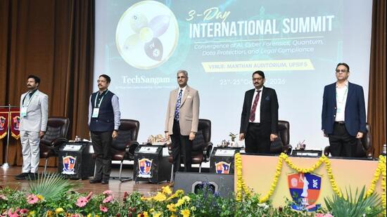 Justice Rajiv Singh and others during the concluding day of the three-day international seminar at UPSIFS on Sunday. (Sourced)