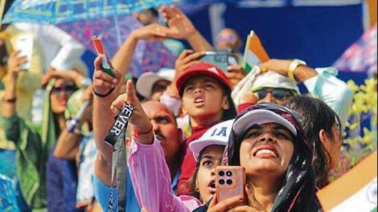 Spectators at Namo Ghat in Varanasi. (Rajesh Kumar/HT Photo)