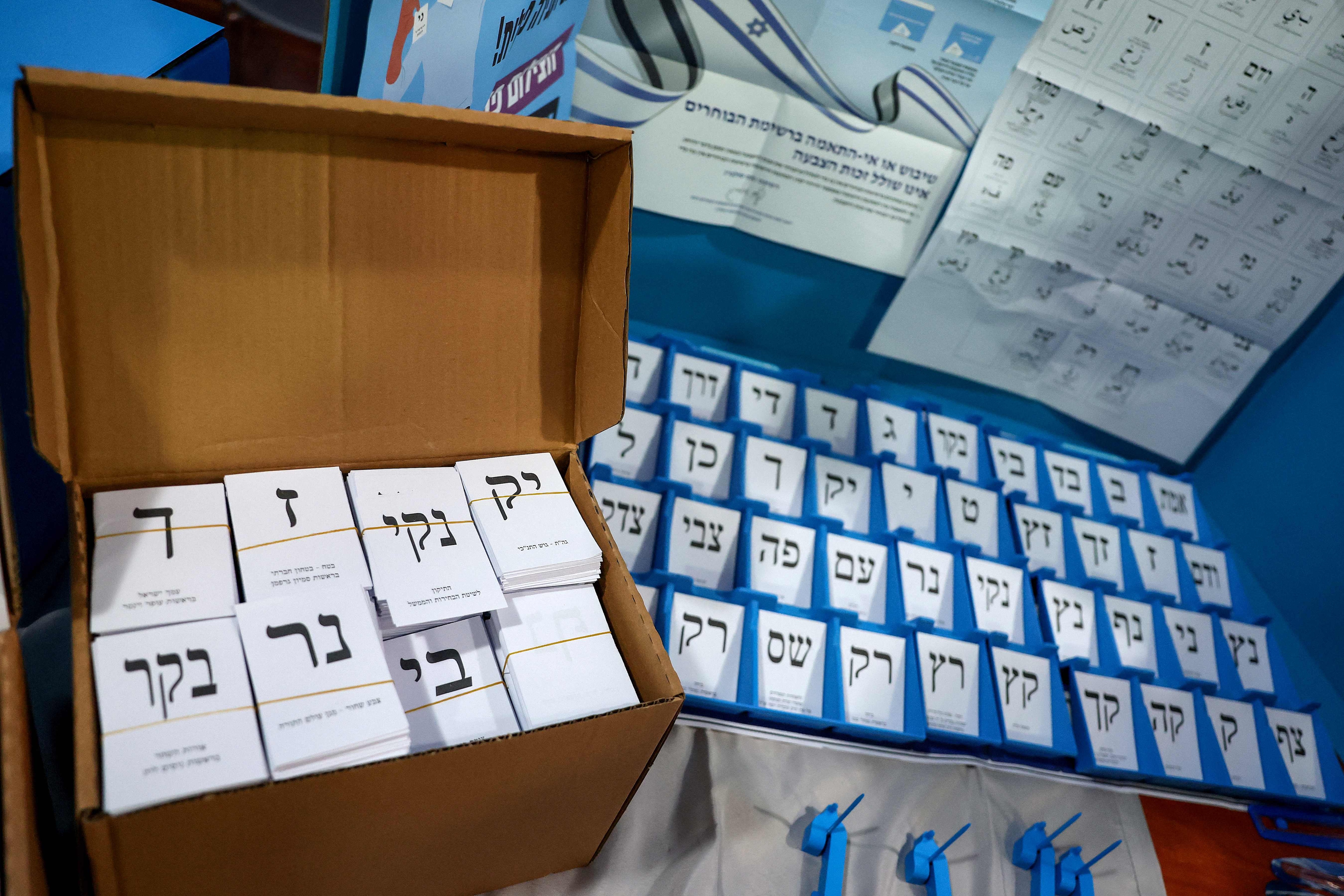 Ballot slips are seen at the headquarters of the Israeli Central Elections Committee near the central town of Shoham on October 14, 2026, ahead of Israel's legislative election. (AFP) Ballot slips are seen at the headquarters of the Israeli Central Elections Committee near the central town of Shoham on October 14, 2026, ahead of Israel's legislative election. (AFP)