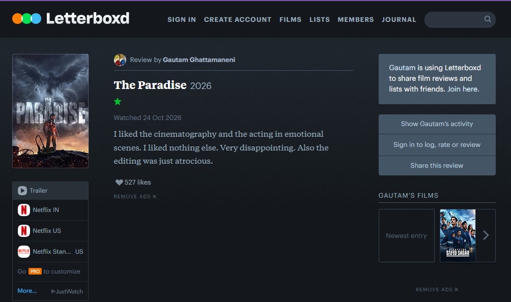 Gautam Ghattamaneni's review of The Paradise.