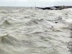 A view of Chilika Lake as high tidal waves hit the coast under the influence of Cyclone Arnab in Puri. 