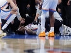 Oklahoma City, Oklahoma, USA; Oklahoma City Thunder guard Jalen Williams (8) lays on the floor after getting injured on a play against the Los Angeles Clippers during the second half at Paycom Center. Mandatory Credit: Alonzo Adams-Imagn Images(IMAGN IMAGES via Reuters Connect)