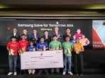 (Left to right) Shubham Mukherjee, Head of CSR and Corporate Communications, Samsung SWA; SP Chun, Corporate VP, Samsung SWA, Sushil Pal, Joint Secretary, MeitY, JB Park, President & CEO, Samsung SWA; Stefan Priesner, UN Resident Coordinator, Jason Myung, CFO, Samsung SWA with the winners of Samsung Solve for Tomorrow 2026