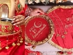 Couple photographs, embroidered motifs and coordinated colours add a personal touch to Karwa Chauth thali sets
