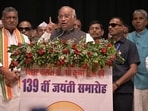 Congress President Mallikarjun Kharge addresses the gathering during an event marking the 139th birth anniversary of Shri Krishna Singh. (@INCIndia/X)