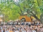 Protesters said the march began following a mahapanchayat near a government school in Bhakri village around 10am, during which several key decisions were taken. (HT PHOTO)