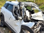 The mangled remains of the Maruti Brezza SUV involved in the fatal road accident near Badwasni village on Gohana Road, Sonepat, on Saturday. (Manoj Dhaka/HT)