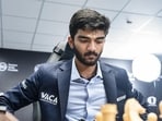 D Gukesh playing against China’s Ding Liren in the eighth game of the World Chess Championship, in Singapore.(HT_PRINT)