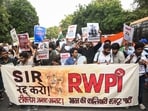 Supporters of RWPI and other organisations hold placards and raise slogans during a protest march towards Jantar Mantar demanding the removal of Chief Election Commissioner Gyanesh Kumar and the scrapping of the SIR, in New Delhi, last month.
