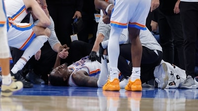 Oklahoma City, Oklahoma, USA; Oklahoma City Thunder guard Jalen Williams (8) lays on the floor after getting injured on a play against the Los Angeles Clippers during the second half at Paycom Center. Mandatory Credit: Alonzo Adams-Imagn Images (IMAGN IMAGES via Reuters Connect)